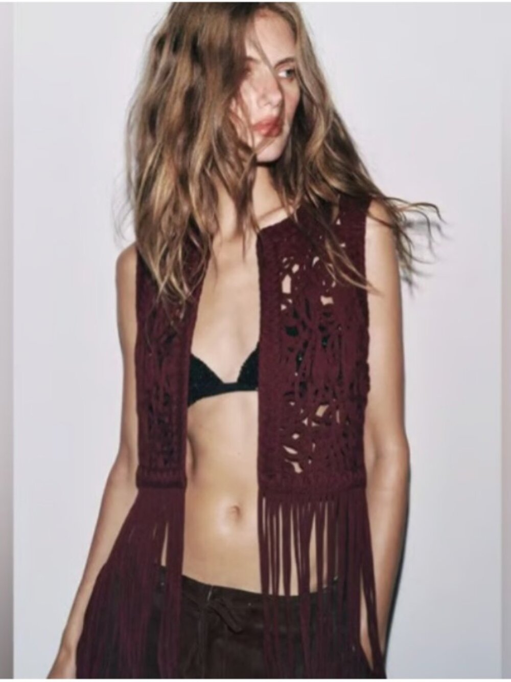 ZARA macrame fringe burgundy vest sz S